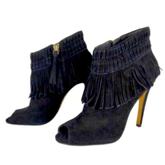 Rebecca Minkoff Shoes - REBECCA MINKOFF Rio Ankle Booties Black Fringe Peep Toe Stilettos with Zipper